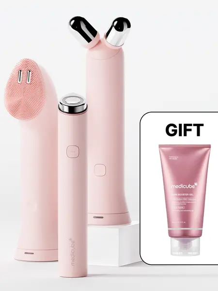 [NEW] [medicube] 3-Step At-Home Spa Set - Pink / Beige ㅣMini Booster Pro Plus + Booster Facial Cleansing Device Head + Booster Face Roller HeadㅣK-beauty Facial Device for deep gentle cleansing, plump-looking appearance, puffiness, skin relaxion