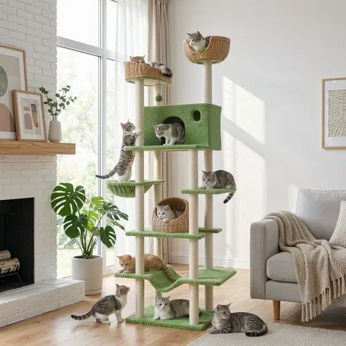 SHA CERLIN 82in(6.8ft) Spring Green Multi-Level Cat Tree-Cat Tower with Sisal Scratching Posts, Teddy Plush Condo, Rattan Perches, Cat Activity Center for Indoor Cats, sohochic