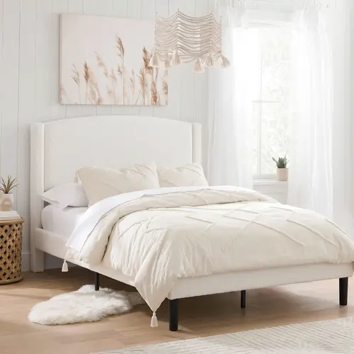 SHA CERLIN Modern Curved Upholstered Queen Bed Frame, Soft Grey Teddy Fleece, Neutral On-Trend Hues, Curved Headboard Design, Solid Wood Frame, Reinforced Legs, No Box Spring Required Indoor Furniture, Modern Bedroom, Headboard For Bed, sohochic