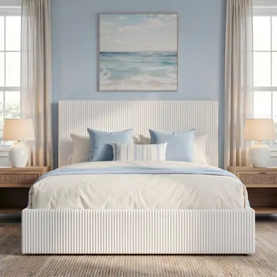 SHA CERLIN Corduroy Platform Bed Frame with Vertical Striped Velvet, Quiet Velcro Slats Box Base, No Box Spring Needed, Apartment Furniture, Full Size/Queen Sizes Available, Slatted Bed Base, Queen Bed Frame, sohochic
