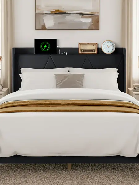 Modern Upholstered Platform Bed Frame with Headboard & USB Charging Station