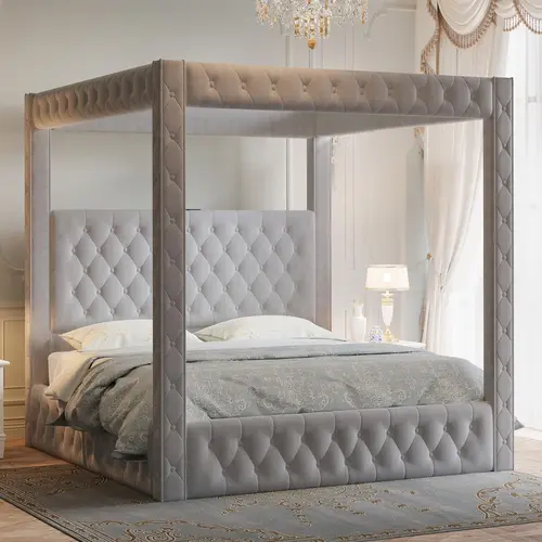 【King Size Shipped in 2 Boxes】AMERLIFE Canopy Bed Frame with 74.8" Tall Four-Post Design and 51.2" Deep-Tufted Velvet Upholstered Headboard with Charging Station/Modern Light-Luxury Style/No Box Spring Needed #SohoChic