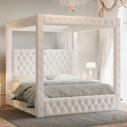 AMERLIFE Canopy Bed Frame with 74.8" Tall Four-Post Design and 51.2" Deep-Tufted Velvet Upholstered Headboard with Charging Station/Modern Light-Luxury Style/No Box Spring Needed[tiktokshopbacktoschool][SohoChic]