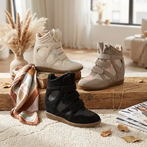 Women's Fashion Wedges, Cute High Top Shoes in Faux Suede with a Hidden Heel, Height-Increasing Walking Style with Velcro Straps & Gum Sole, Walking Shoes, Sneaker, Shoes For Women tiktokshopbacktoschool,back to school,back to school haul,sohochic