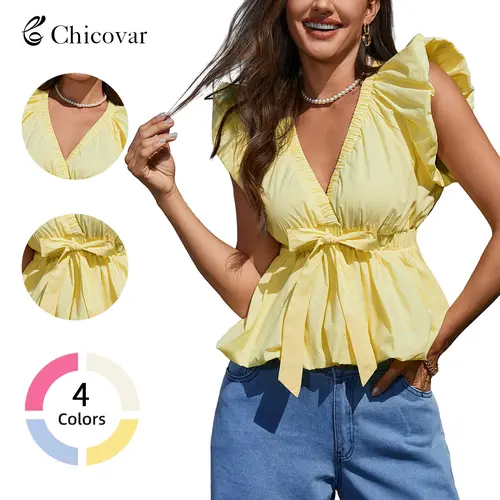 Chicovar On Sale! Women’s Peplum Top, Deep V Neck, Puff Sleeve, Stretch Wasit, Trim Bow Front, Bubble Hem, Perfect for Concert, Datenight, Summervibes