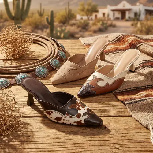 Women's Western Kitten Heel Pointed Toe Mules - PU Leather, Cow Print/Faux Suede/Snake Patterns, Cushion Pads, Leg-Length Look Women's Shoes, Pu Leather Mules, Kitten Heels,sohochic