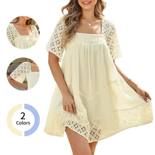 Chicovar Women's Boho Summer Babydoll Dress(Can be Worn as a Tunic Top)Square Neck Short Sleeve Hollow Out Lace Ruffle Beach Vacation Mini Dress Flowy A-Line Casual Sundress with Lining Not See Through, Summervibes