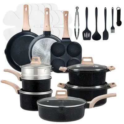 Sweetcrispy 25-Piece Sturdy Non-Stick Ceramic Granite Cookware Set - Lightweight Nonscratch Aluminum Alloy Pots and Pans, Varied Sizes, Glass Lids, Stay-Cool Handles, Induction Safe, Stovetop Compatible for Healthy Cooking, Cooking Set