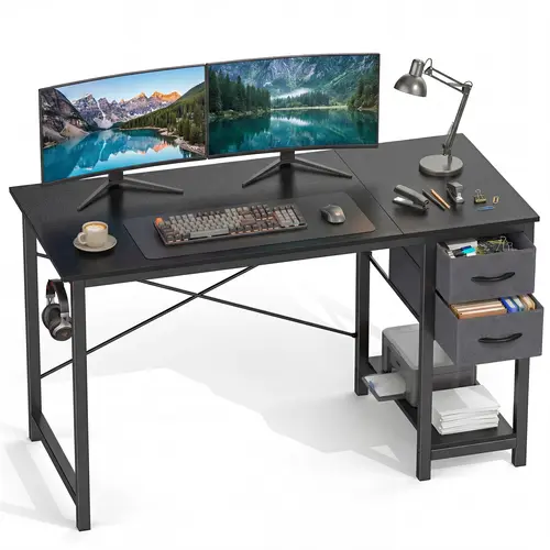 Sweetcrispy Computer Desk - Furniture-Style Minimalist Modern Desk with Storage Drawers, Multi Drawer Design, X-Shaped Reinforcement, Sturdy Metal Frame, Side Hook for Home Office Study Use, Furniture-Style Desks, Drawers Desks
