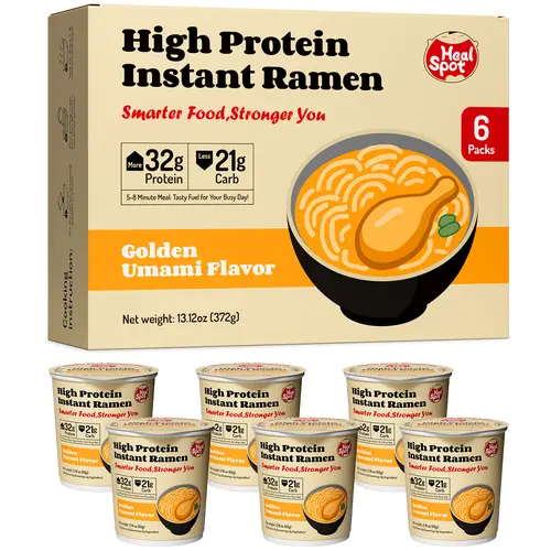 Healspot Healthy Ramen Noodles Cups - 6 Refrigerated Non-Fried Low Carb High Protein Stuffed Cups, 32g Plant-Based (Pea Protein, Vital Wheat Gluten), Golden Umami Flavor Instant Ramen Cups for Quick Meals