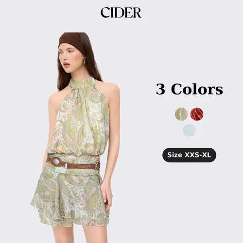Cider Chiffon Paisley Halter Neckline Shirred Layered Mini Dress SohoChic