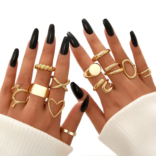 17KM 12PCS Gold Stackable Rings Jewelry Set for Women, 18K Gold Plated Open Stacking Knuckle Ring, Adjustable Chunky Signet Band Statement Ring for Gift, summerwins, Elegant Fashion Rings, Gold Rings