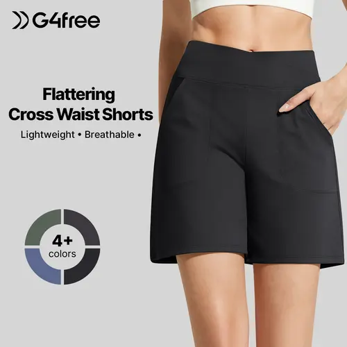 G4Free EverGoing Women's Gym Shorts - 6" Cross Waist Solid Shorts for Summer Casual Wear, Women's Clothes with Pockets,#sohochic