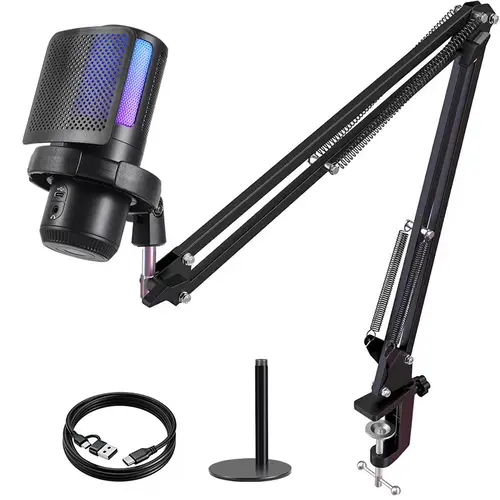 PC Gaming Condenser Microphone with Double-Tap Noise Cancel, RGB Light, Mute & Gain Control, Dual Stands, USB Type-C Dual Plug, Rotating Boom Mic, Smartphone Compatibility, Audio Editing Support - Chat, Streaming Equipment, PC Accessories