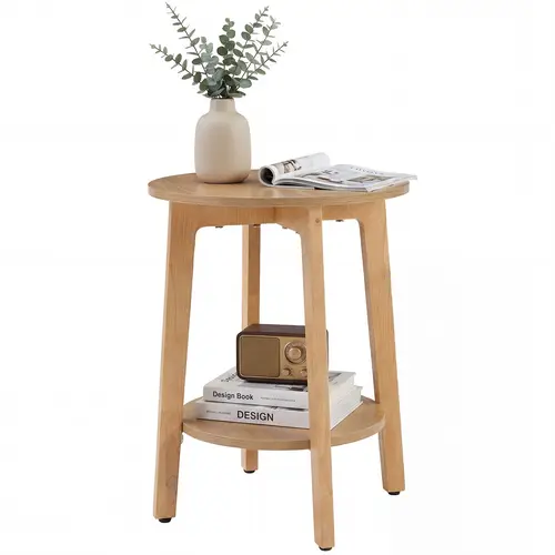 Sweetcrispy 2-Pack 2-Tier Circular Dual-Use Nightstand End Table - 15.75" Diam × 20.28" H Modern Natural Wood Apartment Furniture with Tapered Legs, Curved Transitions, Compact Design, Space Saving for Small Spaces, Home Setup, Minimal Interior