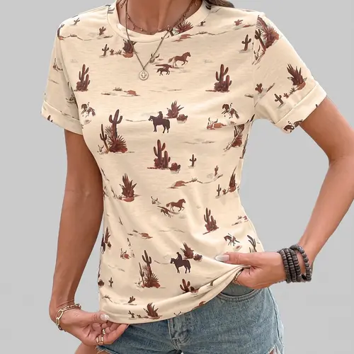 Shewin Women's Vintage Western Cactus Print Slim-Fitting T-Shirt - Casual Stretch Knit Pullover Tops with Round Neck, Rolled Short Sleeves, Shortsleeve, Fitted,back to school,back to school shopping, Western Tops