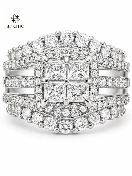 JJ CHIC Square Multi-Band Ring for Women Micro Pave CZ Stones Halo Design Elegant Daily Wear Gift for Girlfriend or Wife Jewelry Unique Sparkling Stones