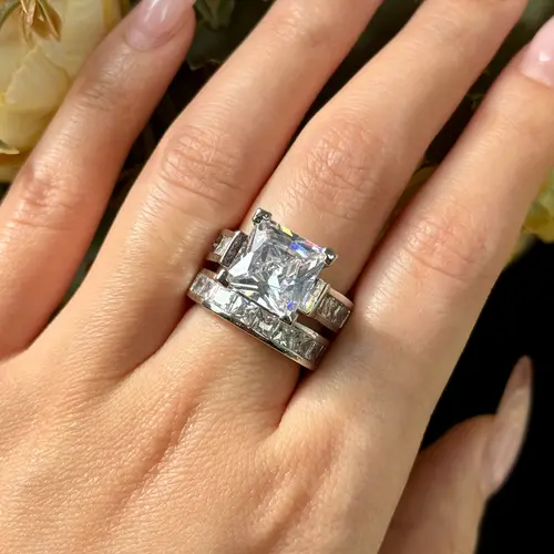 JJ CHIC Two-Piece Square Ring Set for Women Princess Cut Deluxe CZ Ring Ideal for Engagement Wedding Personal Statement Jewelry or Gift Micro Pave Cubic Zirconia Stones