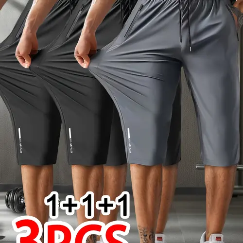 Men’s 3-Pack Knee-Length Shorts, High Elasticity, Casual Design, Regular Fit, Adjustable Waist Drawstring, Zippered Pockets, Suitable for Sports and Everyday Wear