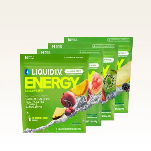 Liquid I.V. Sugar-Free Energy Fruity Bundle - Hydration Powder Packets | Electrolyte Powder Drink Mix | Convenient Single-Serving Sticks | Zero Sugar or Artificial Sweeteners | | Includes Natural Caffeine | 4 Pack (56 Servings)