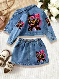 2-Piece Denim Jacket & Skirt Set, Cartoon Girl Print, Casual Knee-Length, Spring Fall Fashion, Perfect Gift for Girls Ages 1-8, Graphic Print Set, Skirts Sets