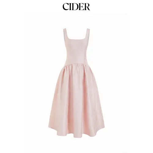 Cider Jacquard Square Neck Lace Up Ruffled Flared Maxi Dress