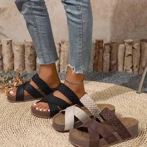 Women's Summer New Flat Heel Thick Soled Sandals, One-Step Slip-On Casual Comfortable Ladies Slippers, PU Leather Upper Material, Open Toe Sandals