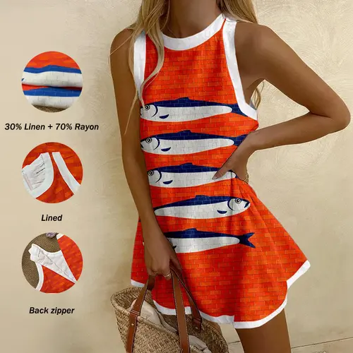 Women's Casual Abstract Fish Print Sleeveless A-Line Mini Dress, 30% Linen 70% Rayon, Round Neck, White Trim, Summer Vacation Wear