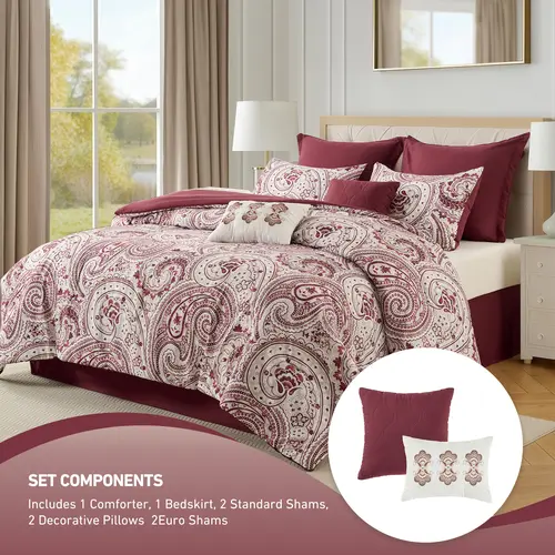 Queen 8-Piece Paisley Print Bed Comforter Set - Hypoallergenic, Machine Washable Quilt Bedding Set with Embroidered Accent, 15" Clean Skirt, Vacuum Sealed for Home Bedroom Decor,sohochic