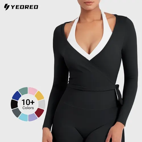 YEOREO Flattering V-Neck Wrap Crop Long-Sleeve Yoga Tie Shirt, Breathable Sweat Top, M, Cute Tops, Athletic Fashion Activewear for Pilates Workouts, Tops For Women, Women's Clothes, Clothes For Women, Workout Tops