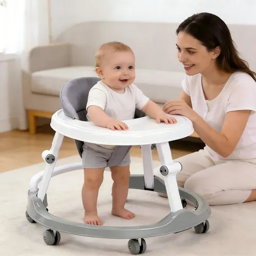 3-in-1 Baby Walker, Foldable Anti-Rollover Infant Walker with Fixed Dining Plate, Safe Ergonomic Walker for 6-18 Months Babies (Grey)