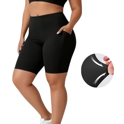 1-Pack Plus Size High Waist Crescent Shaped Pocket Capri Pants, Casual Style, High Stretch Fabric, Summer Season, Seamless Full Coverage Gym Shorts, Super Soft Stretchy Polyester Blend Activewear for Running, Fitness, Machine Washable, Black summerwins