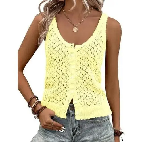 Fisoew Women's Crochet Stitch Sleeveless Cardigan Tank Top - Fitted Button-Down Boho Knit Crop Vest, Soft Cotton Fabric, Chic Denim Accents, Casual Breathable Comfy Top for Summer Going Out, Birthday