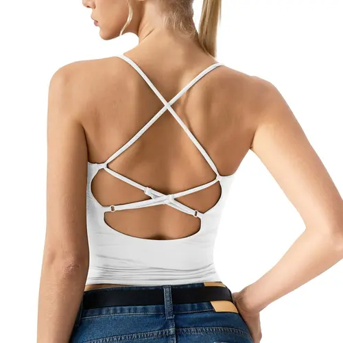 QINSEN Womens Cross Back Tank Top V Neck Double Lined Camisole Top Sleeveless Spaghetti Strap Going Out Tops
