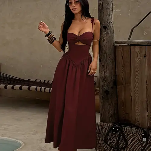 Women's Summer Elegant Stylish Chic Comfortable Hollow Out Waist Tie-Shoulder Dress for Parties & Casual Wear