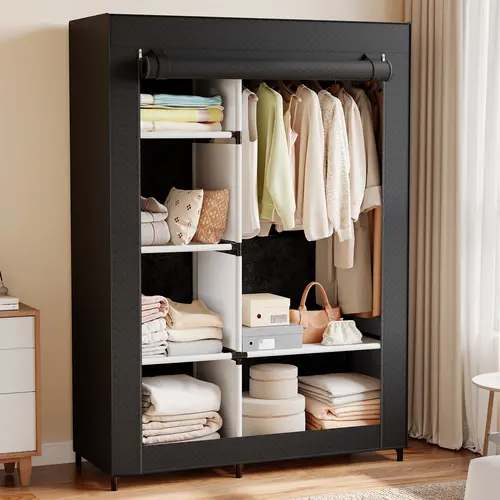 Sweetcrispy Portable Freestanding Garment Rack Wardrobe - Furniture with Cover, Iron Frame Resists Wobble Under Load, Multi-Shelves, Modern Armoire Wardrobe for Organizing Clothes in Bedroom, Dorm
