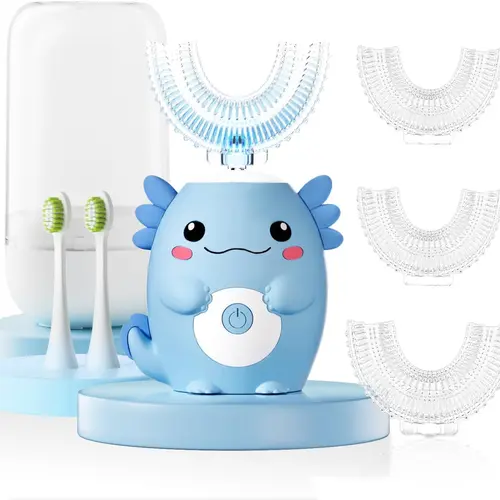 Kids Electric U-Shaped Toothbrush - Axolotl Cartoon Sonic Automatic Teeth Cleaning Tool with 6 Brush Heads, Full Mouth Coverage, 6 Cleaning Modes for Daily Care