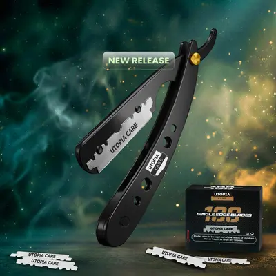 Utopia Care Men's Professional Stainless Steel Manual Straight Razor - Ergonomic Durable Handle, Classic Unscented Design, Smooth Close Shave for Sensitive Skin, 100 Replacement Blades, Ideal Father's Day Gift for Him, Manual Shaver, Stainless Steel Shave