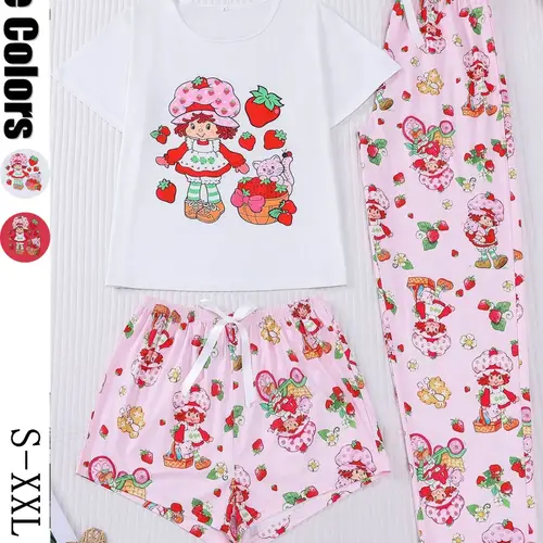 Women's Casual Cute Strawberry Print 3 Piece Pajama Set, Soft Short Sleeve Top & Relaxed Fit Shorts & Pants, Stylish Sleepwear Loungewear Valentine Pajamas for Everyday Wear and Festive Occasions, Pjs, Pajama Suit #GLOBAL PICKS