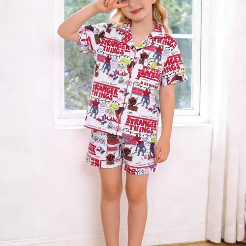 2-piece set of girls' and boys' full body cartoon monster letter mask, printed short sleeved shorts, soft top, small pocket collar design, elastic waistband, casual home children's clothing, Summer sleepwear set