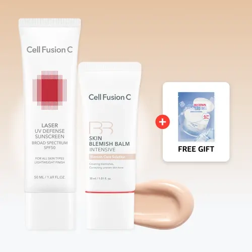 [Cell Fusion C] Skin Defense BB No.21 / 22 & UV Duo | Skin Blemish Balm Intensive + Laser UV Defense Sunscreen SPF 50 Set | 24h buildable Coverage, Sensitive Skin Safe, Korean Skincare Set