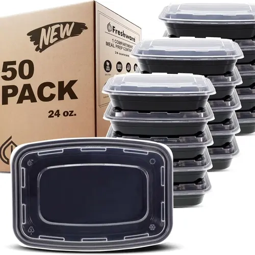 FRESHWARE 24 oz Reusable 1-Compartment Lunch Containers (50-Pack) - BPA-Free Airtight, Stackable, Reheatable, Microwave/Dishwasher/Freezer-Safe, Portion-Controlled Kitchen Storage for Kids' School Meals, Work Lunches, Reusable Lunch Containers, Lunch Box