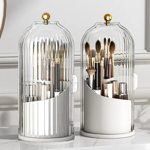 2pcs PVC Waterproof Modern Toothbrush Holder Organizers with Transparent Door Lid, 360-Degree Rotating Home Goods for Vanity Bathroom, Desktop Countertop Organizing Makeup Brush Storage Container summerwins,summerwins,home essentials,sohochic