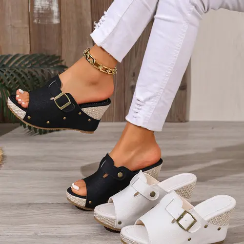 Women's Summer New Thick Sole Wedge Sandals, Open Toe Backless Fabric Slip-On Slippers, Casual Platform Sandals, Casual Comfortable Shoes for Women, Casual Summer Footwear