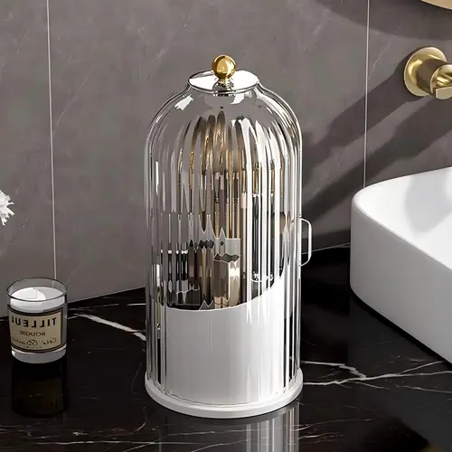 Acrylic Toothbrush Holder with Cover - 1-Piece 360° Rotatable, Transparent, Waterproof Bathroom Organiser, Adhesive-Taped, Multi-Section for Countertop Vanity Toothbrush & Cosmetic Brush Storage, Vanity Accessories,sohochic