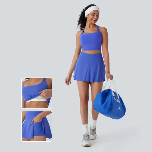 Halara 2-Piece Set Softlyzero Airy Square Neck Backless Crisscross Cropped InstantCool Yoga Tank Top & Everyday SoftlyZero Airy Crossover 2-in-1 Side Pocket Mini Tennis Skirt-Lucid-UPF50+ #BackToSchool