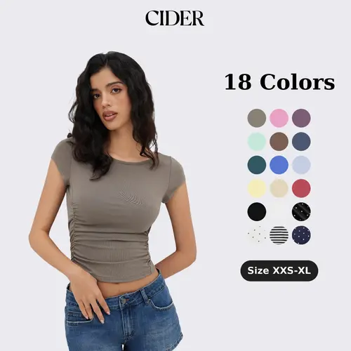 Cider Minimalist Daily Boat Neck Ruched Tee for Office Work, Elegant Fitted Top, Ladies Basic Short Sleeve T-Shirt, Summer Casual Outfits, Lady Blouses