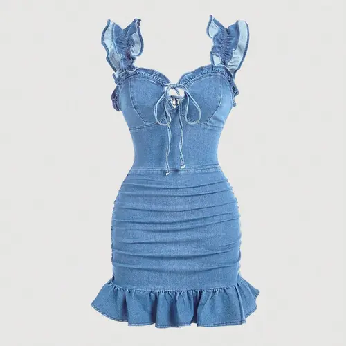 Women's Ruched Ruffle-Hem Tie-Front Denim Dress, Ruffle Detail Dress, Fashion Casual Cute Sleeveless Short Dress for Daily and Outdoor Wear, Ladies Clothes for Summer, Womenswear