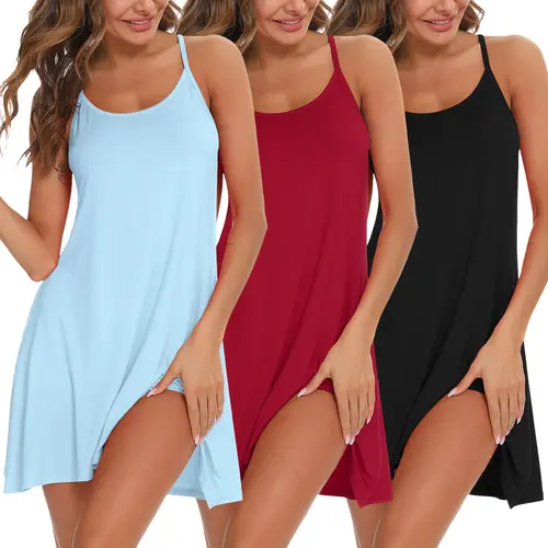 MARVMYS Women's 3-Pack Racerback Chemise Nightgowns, Stretchy Spandex-Polyester Sleeveless Scoop Neck Loungewear with Thin Adjustable Spaghetti Straps, Flexible Casual Wear for Best Friends, Lightweight Drop Shoulder Shawl Sleeve Nightwear
