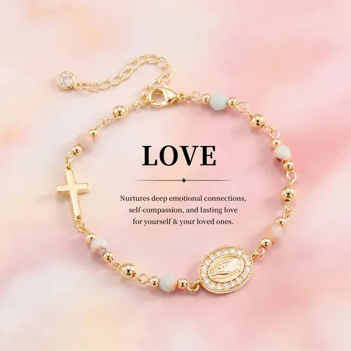 TEWIKY Charm Bracelet for Women with Natural White Turquoise & Pink Zebra Jasper, 14kt Gold Plated High Quality Beaded Stretch Jewelry, Virgin Mary Religious Gift, High Quality Bracelet, Exquisite Bracelet